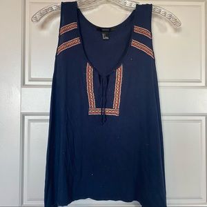 Navy Blue Aztec Patterned Tie Front Tank Top - Size S - Forever 21